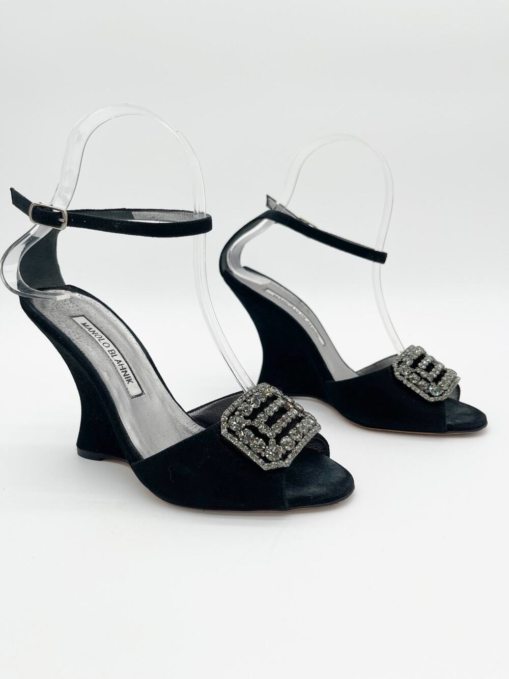 Manolo Blahnik Trice Black Suede Crystal Buckle Wedge Sandals Heels IT 36.5